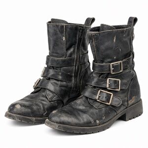 Distressed Black Buckle Heeled Boots